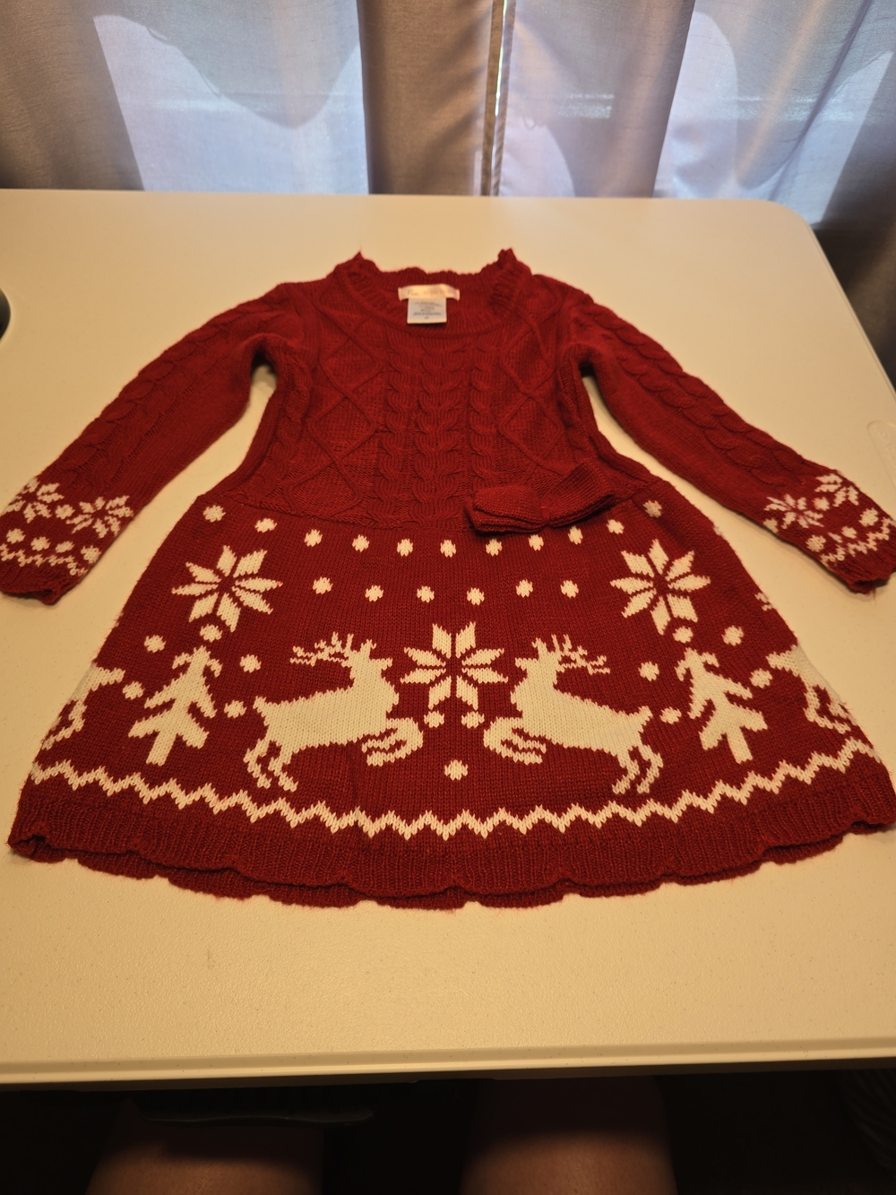 Girls' Red Knit Holiday Dress with Reindeer Pattern